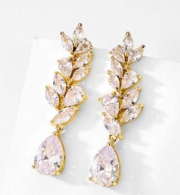 Bridal Pear Leaf CZ Earring Necklace Jewelry, Wedding Pear Earring Jewelry, Rose Gold Earring