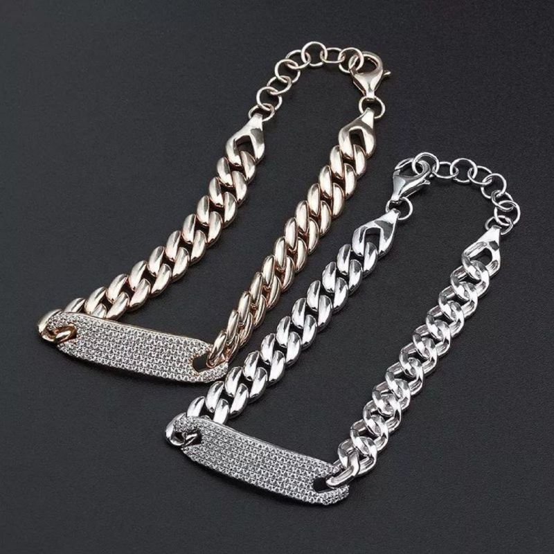 Hot Sale Classic Engraved Logo Jewelry Gift 925 Sterling Silver Cuban Link Chain Bracelet for Men and Women