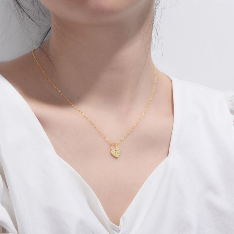 Women S925 Sterling Silver 18K Gold Zircon Dainty Heart Lock Pendant Necklace