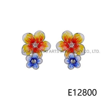 925 Silver Gradiant Blue &amp; Yellow Enamel Flower Stud Earring