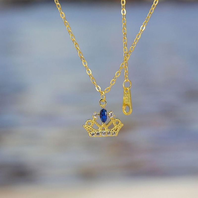 925 Sterling Silver 14K Gold Plated Crown Color Crystal Pendant Clavicle Chain Necklace Women Party Fashion Jewelry