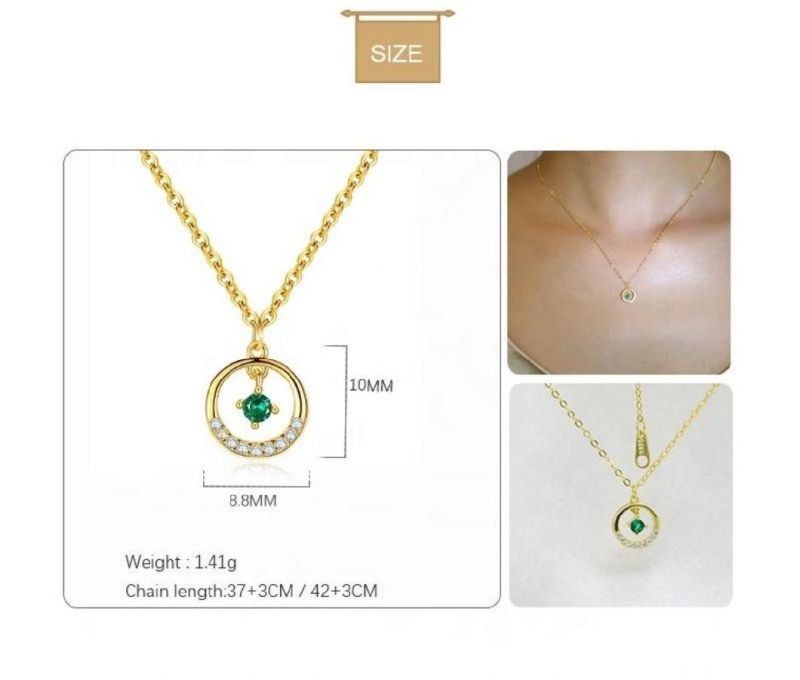 925 Silver Jewelry Emerald Zircon Geometric Circle Pendant Clavicle Chain Necklace Women Classic Party