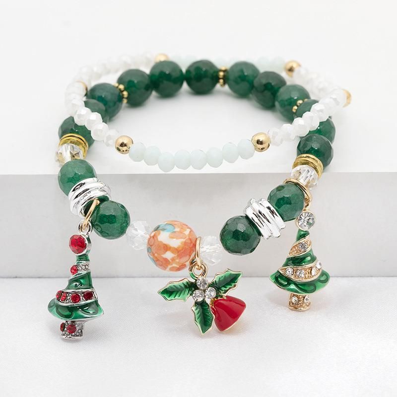 Most Welcome Christmas Gift Jingle Bells Snowman Double Layers Elastic Bracelets Christmas Trees Santa Claus Beaded Bracelets