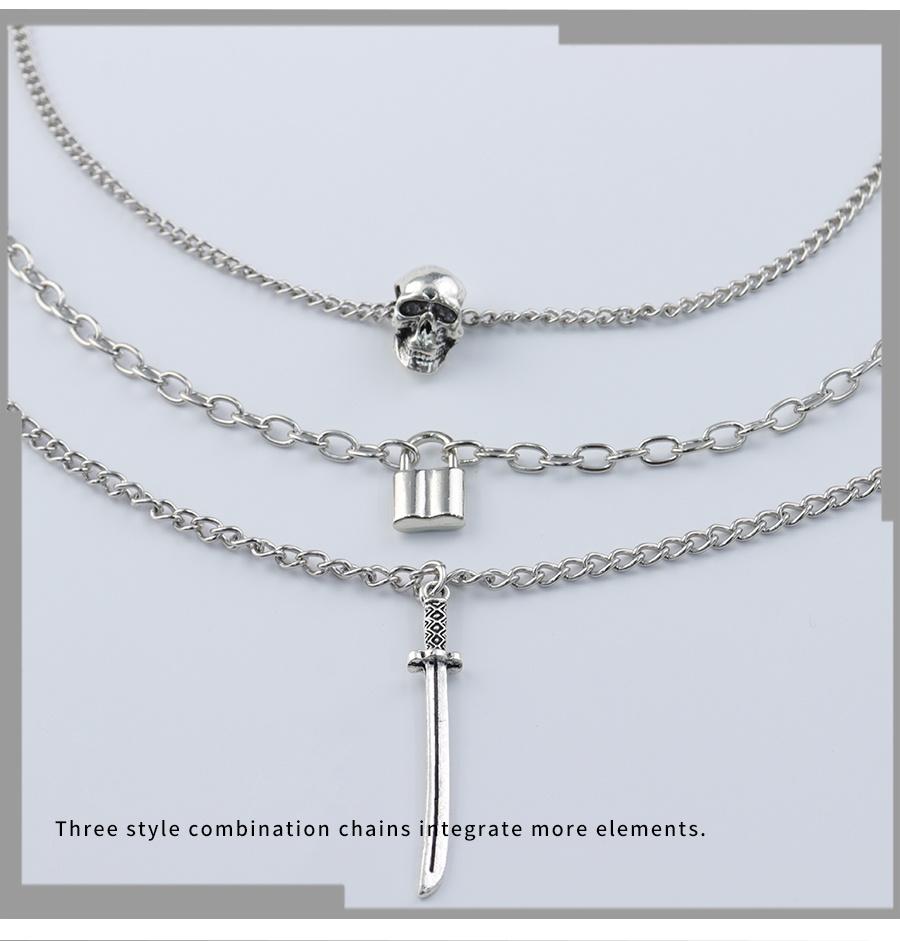 Skeleton Retro Lock Sword Hip Hop Suit Necklace Female