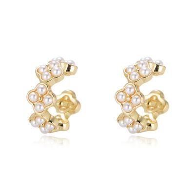 Trendy 925 Sterling Silver Gold Plated Pearl C Shape Ear Cuff Earrings Women