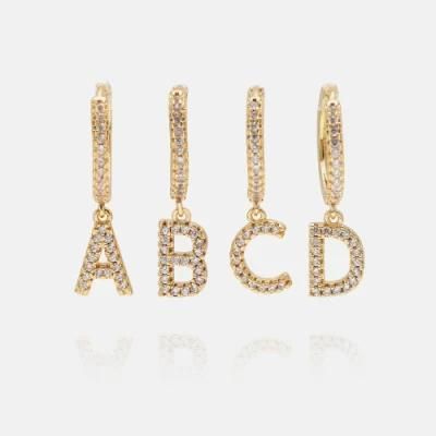 Wholesale 26 English Letter 925 Sterling Silver and Zirconia Short Hoop Earrings with Initial