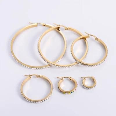 High Quality Trendy Stainless Steel Jewelry 18K Gold Plated Luxury Geometric Round Diamond Big Hoop Earrings for Women