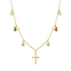 Gold-Plated Stainless Steel Mini Love Heart Diamond Ring Cross Necklace
