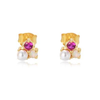 Simple Women Gold Plated CZ Pearl Synthetic Lab Opal Birthstone Stud Jewelry Earrings