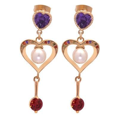 Trendy Women&prime;s Pearl Colorful Zircon Heart Dangle Gold Earrings