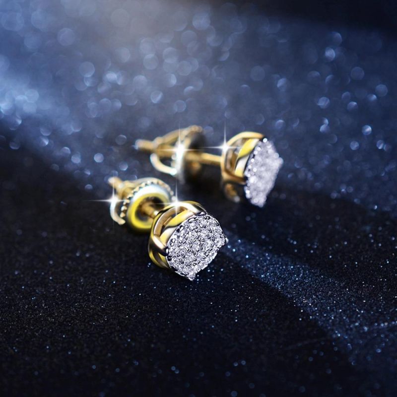 Round 925 Silver 14K Gold Zircon Stud Men Earring