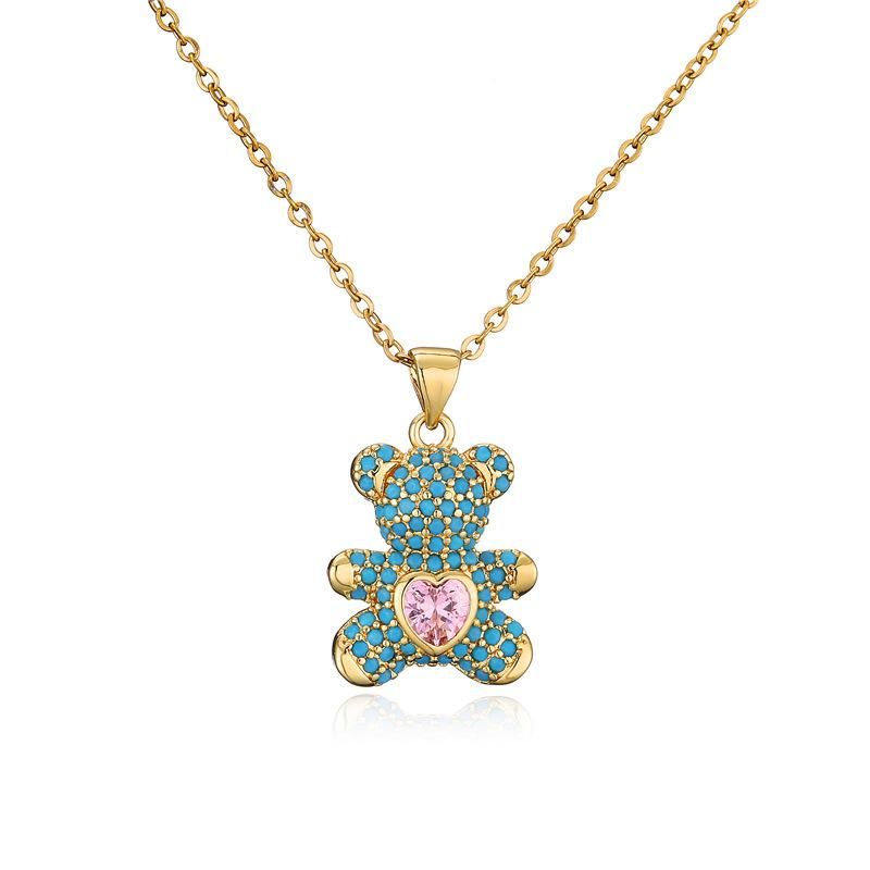 Fashion Brass Colorful Zircon Gold Plated Tophus Love Bear Necklace