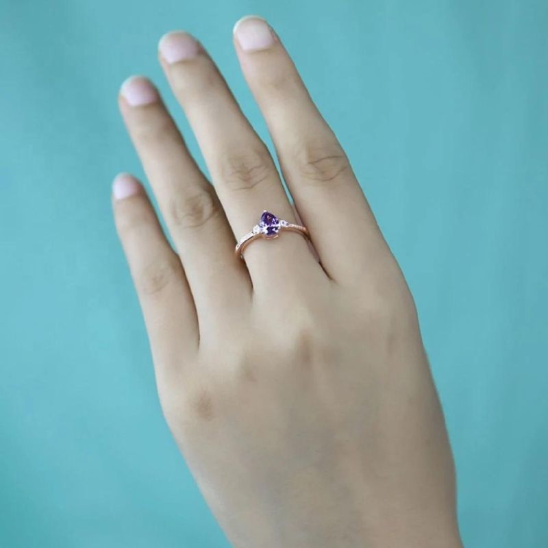 925 Sterling Silver Ring 5mm Purple CZ Stone Adjustable Ring Women Light Luxury Fashion Wedding Jewelry