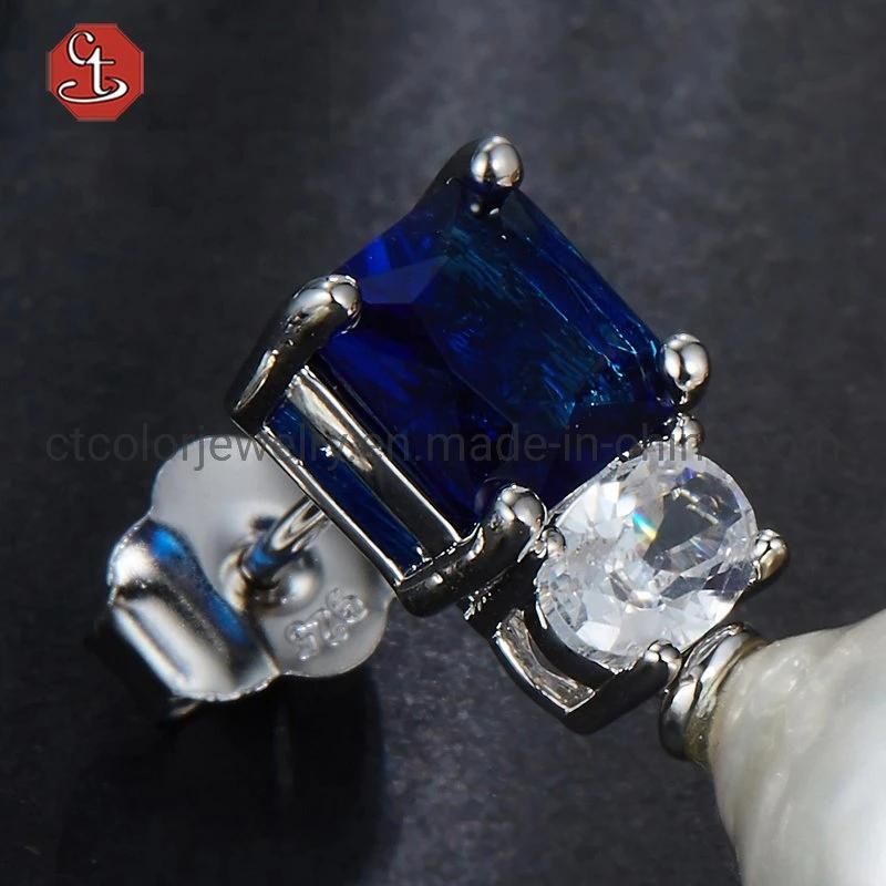 White Baroque Pearl Silver or Brass Earrings Blue CZ Stud Earrings Freshwater Pearl Drop Earring