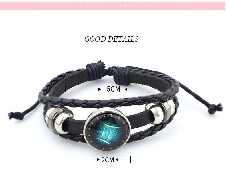 Amazon Hot Selling 12 Constellation Leather Woven Bracelet