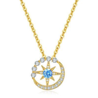 925 Silver Jewelry Blue Zircon Geometric Circle Pendant Clavicle Chain Necklace Women 14K/18K Gold Plated Jewelry