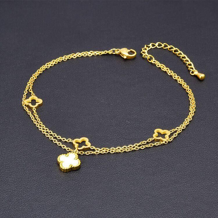 Factory Customized Fashion Exquisite Gold Anklet Waterproof Stainless Steel Clover Fancy Anklet Wholesale Replica Jewelry