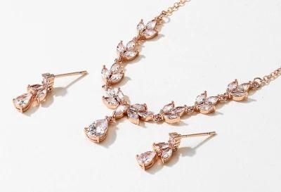 Rose Gold CZ Earring Necklace Jewelry Set, Bridal Wedding CZ Necklace Jewelry Set