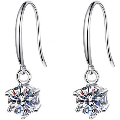 925 Silver Classic Six Claw Moissanite Ear-Hook Earrings for Women