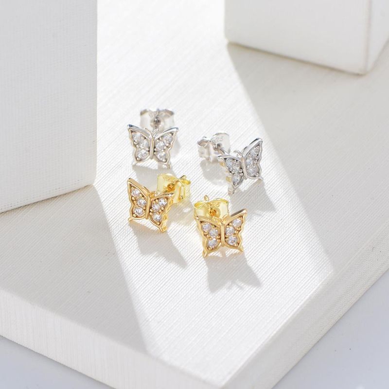 New Arrival Fashion Jewelry 925 Sterling Silver Gold Plated Cubic Zirconia Butterfly Stud Earrings