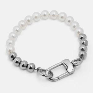 Men Fashion Custom Jewelry Signature Laser-Engraved Clasp Stainless Steel Pearl Bead Bracelet