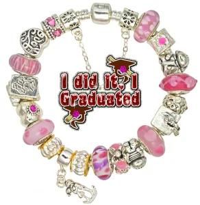 Graduation Day Graduate Gift Silver Hat Charm Bead Bracelet Jewelry