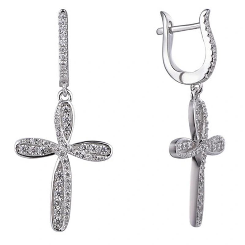 925 Silver CZ Wings Cross Earring with English Clasp