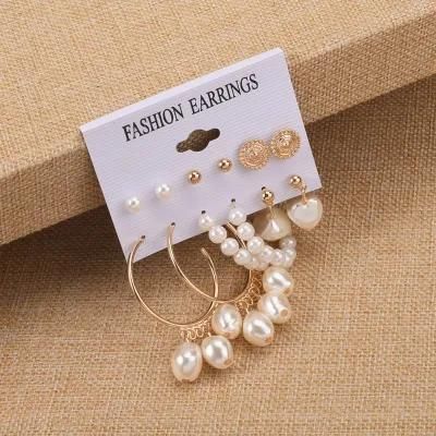 6 Pairs Round Ccb Pearl Alloy Coin Studs Organic Irregular Oval Dangling Pearl Drop Hoop Earrings for Fashion Women Set Jewelry