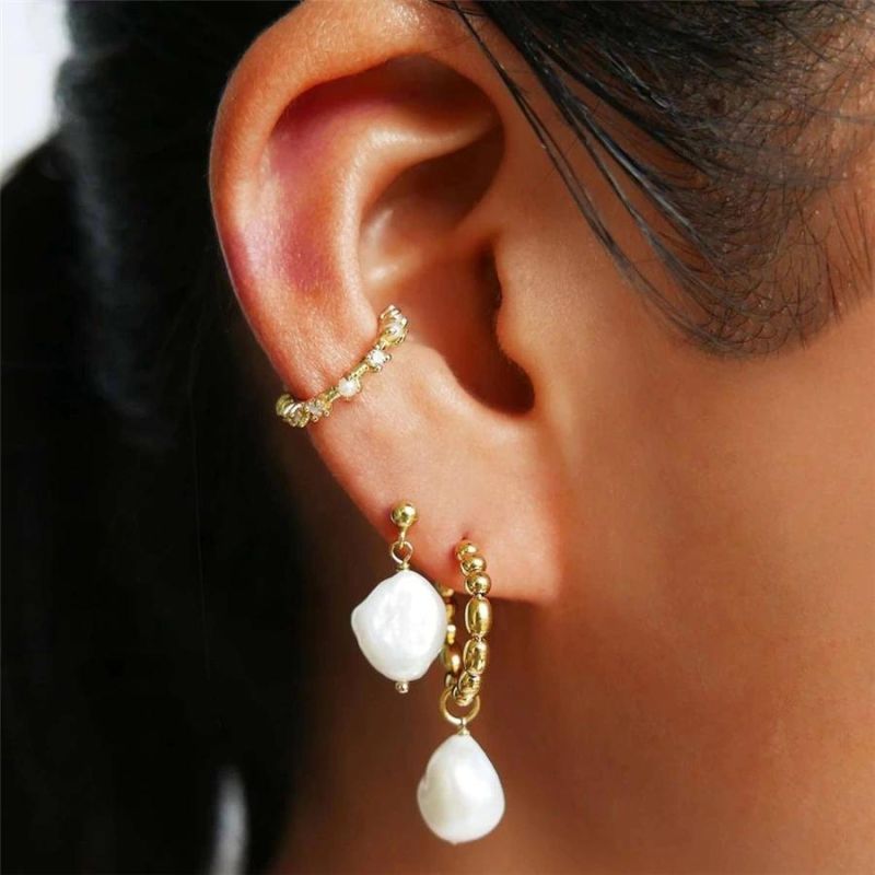 New Design Little Bamboo Texture Fortune Hope Pearl Earrings in 18K Gold Plated and Organic Pearls