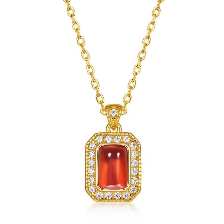 Women 14K Gold Plated Rectangle Shape Red Garnet Necklace