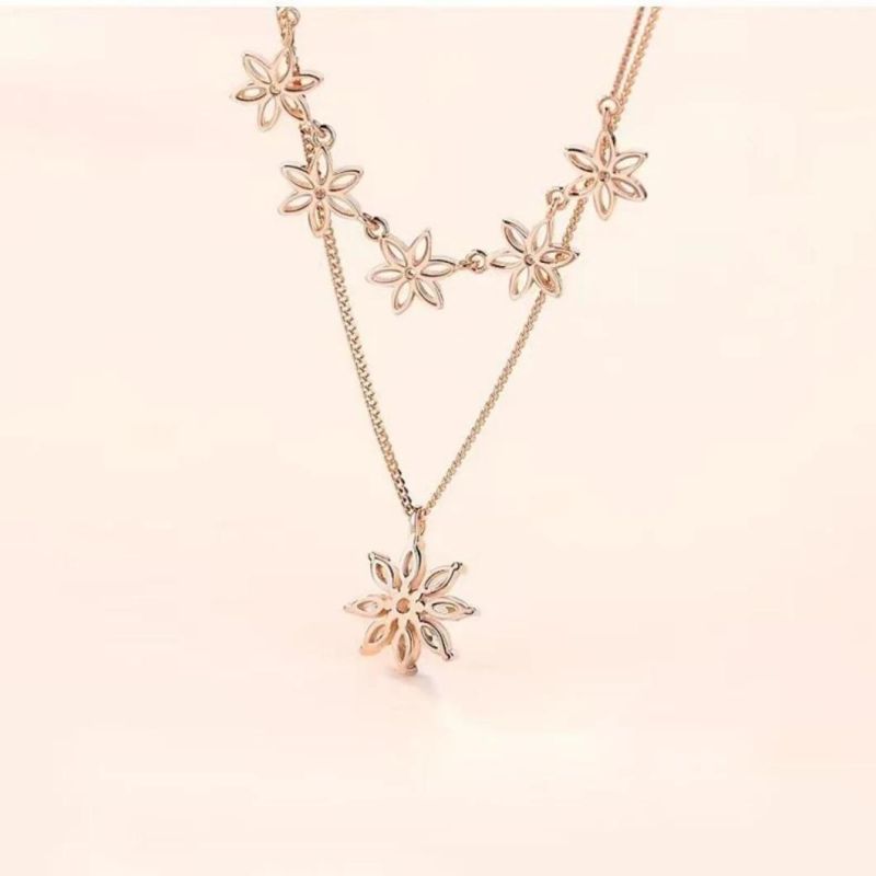 925 Silver Multi-Layered Flower Necklace CZ Pendant Jewelry, Double Layered Sakura Chain Necklace Jewelry for Women and Girls