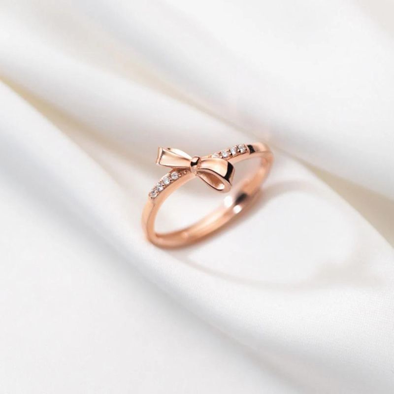Real 925 Sterling Silver Ring Bowknot Zircon Exquisite Adjustable Ring Women Wedding Sweet Romantic Girl Jewelry