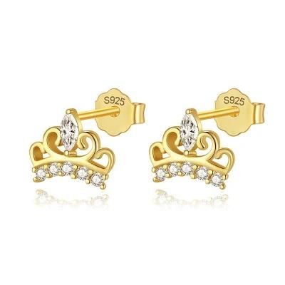 Simple Zircon Crown Stud Earrings Real 925 Sterling Silver for Women Classic Temperament Girls Jewelry Gift