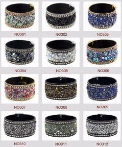 Fashion Women Leather Bangle Bracelet with Magnetic Clasp Stones