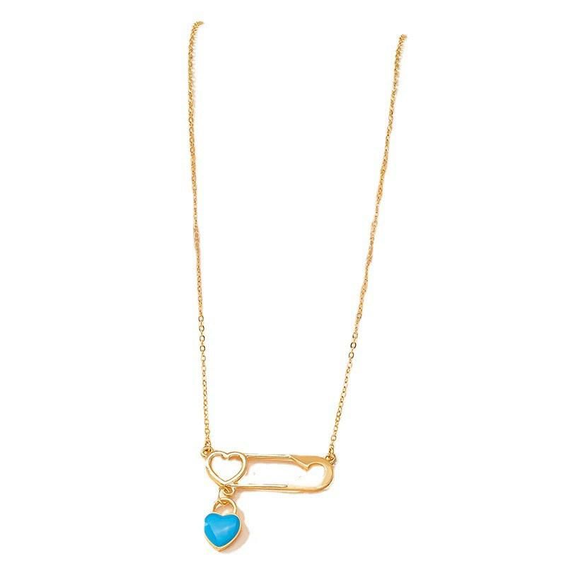 Trendy 2022 Fashion Jewelry Manufacture Dangling Blue Gemstone Double Heart Safety Pin Pendant Necklace for Women