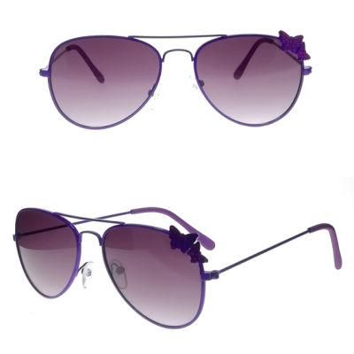 Pilot Style Purple Color Metal Kids Sunglasses with Butterfly Metal Decoration
