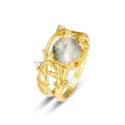 Leaf Moss Agate Ring 925 Sterling Silver Ring Women Two Band Ring Leaf Ring Women Ring Silver CZ Diamond Ring