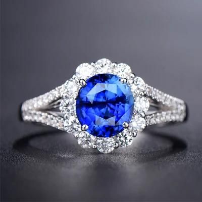 Four Claw Sapphire Blue Crystal with Diamond Ring