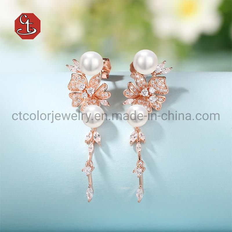 Fashion Jewelry Zircon 925 Silver Freshwater Pearl Stud Earrings