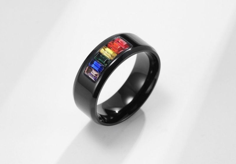 Fashion Jewelry Titanium Steel Gay Lala Ring Rainbow Stones Flag Gay Ring Couple Jewelry Factory Sales SSR2073
