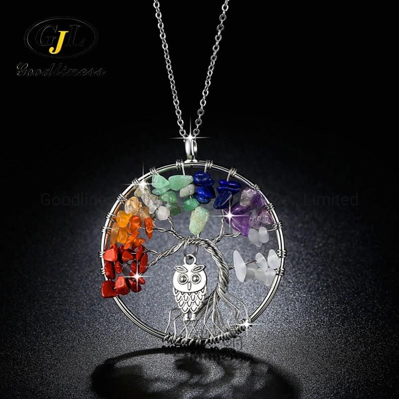 Owl Pendant Colorful Crystal Gravel Tree of Life Necklace