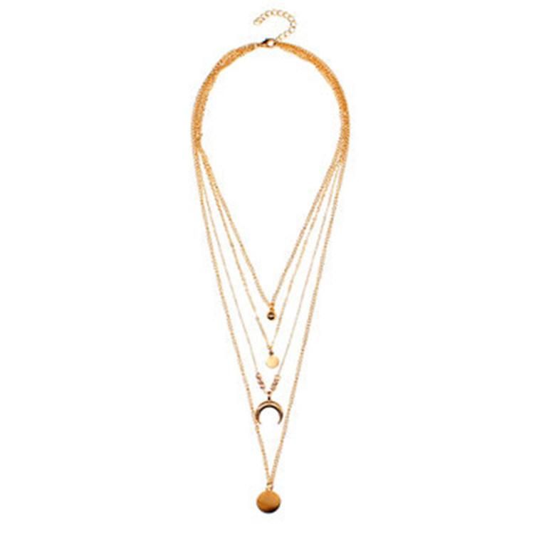 Fashionable Multi-Layer Moon Disc Pendant Women′s Necklace