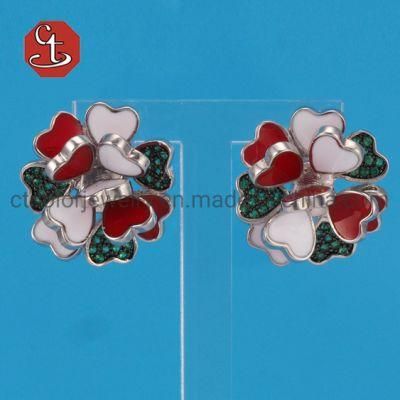 Colorful Flower Silver Earrings for Women Cubic Zircon with Enamel Heart Earrings Fashion Jewelry