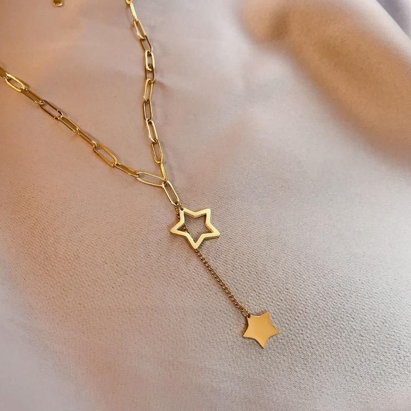 316L Stainless Steel Fashion Fine Jewelry Hollow Double Stars Tassel Charms Thick Chain Choker Necklaces Pendants for Women Gift Dropshipping Wholesale