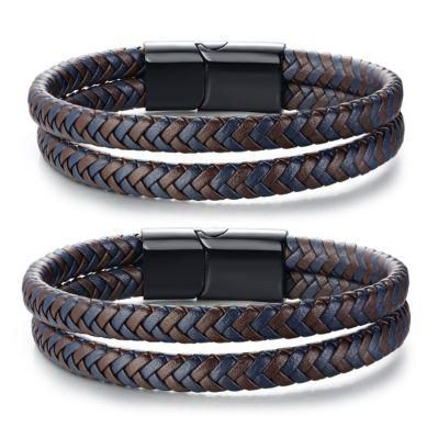 Stainless Steel Leather Bracelet Bracelet Men&prime; S Black Magnetic Buckle Super-Fiber Leather Woven Stainless Steel Bracelet