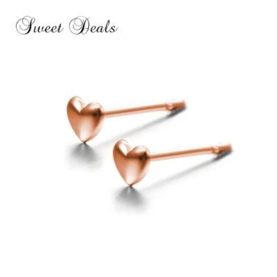 925 Silver Heart-Shape Miniature Real 18K Rose Gold Earring Stud for Teenages