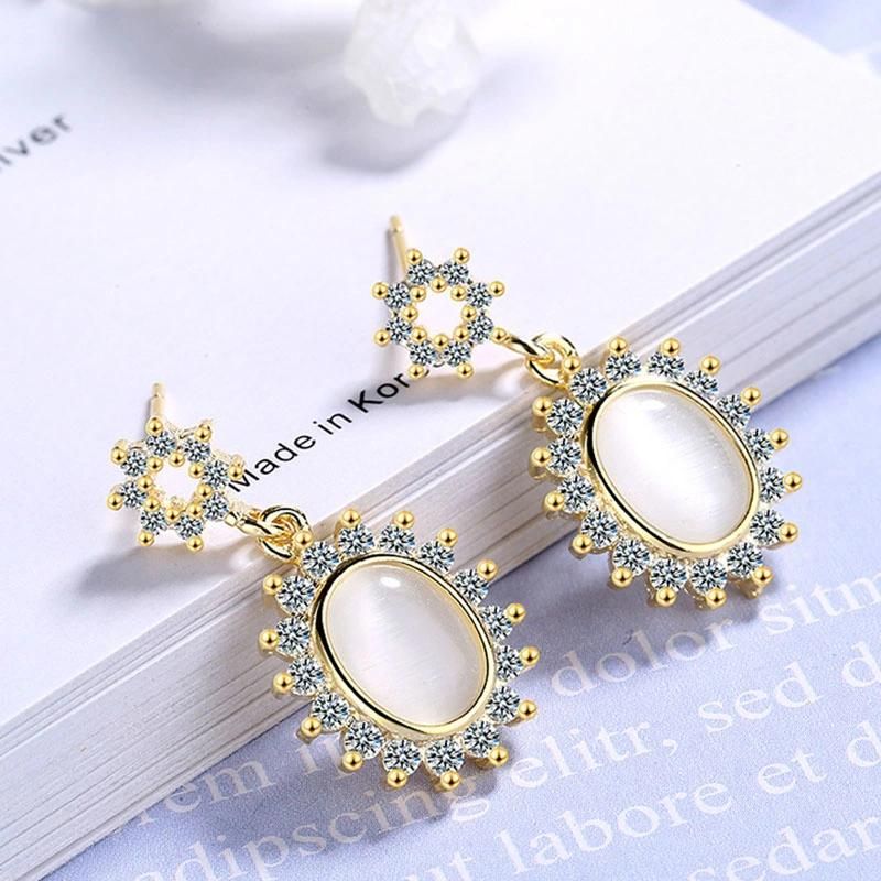 Fashion Opal Brass Flower Fill Zircon Stud Earring