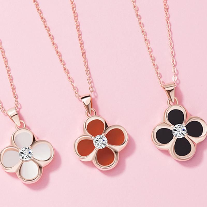 Hot Selling Four Leaves Clover with Natural Diamond Silver Necklace Jewelry