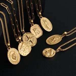 Custom 18K Gold Plated Lion North Star Compass Pendant Men Stainless Steel Necklace Jewelry