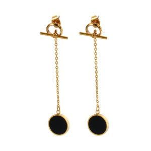 Long Black Round Tassel Gold-Plated Stainless Steel Earrings Stud
